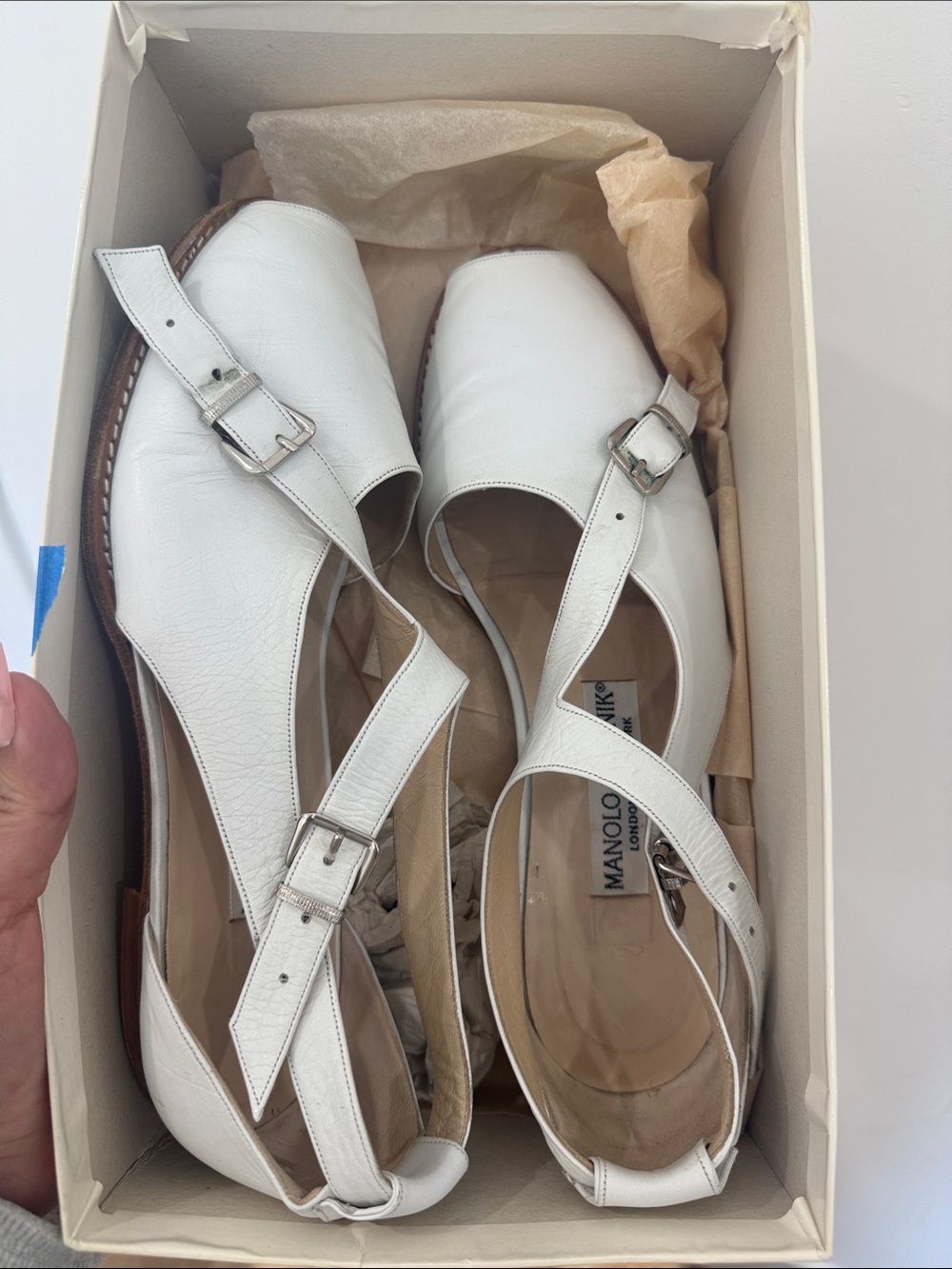 Vintage Manolo Blahnik White Leather Buckle Slingback Flats